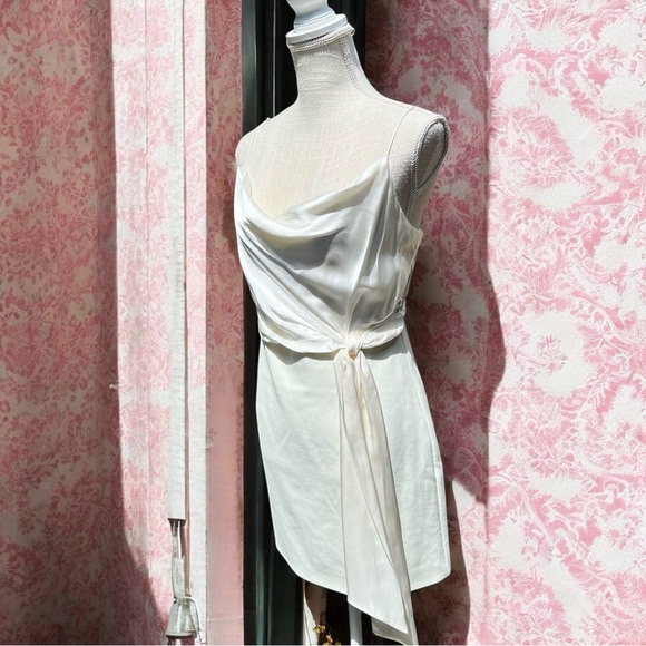 🌻 CINQ À SEPT Cara Ivory Short Draped-tie Satin Silk Combo Mini Dress Size 10 - Picture 7 of 13